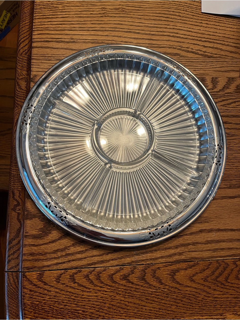 Round Silverplate Etched Serving Tray with Divided Glass Insert
